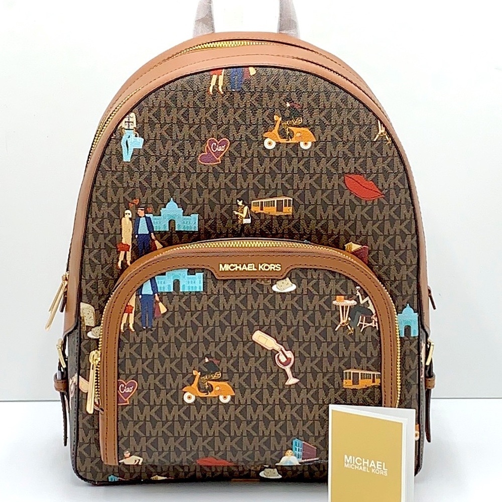 MICHAEL KORS JET SET GIRLS JAYCEE LARGE ZIP PACKED BACKPACK BROWN MULTI … - Picture 2 of 16